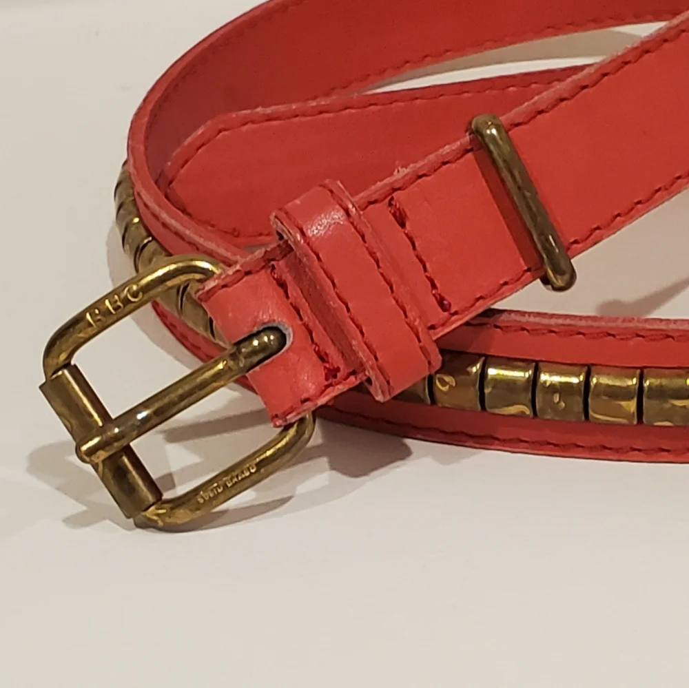 BBC Leather Studded Equestrian Cowgirl Belt Made in Spain, Brass, Red,Sm/34